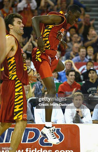 Mark Bradtke for the Tigers lifts Lanard Copeland after a long three point shot, during the Game one match of the Semi finals between the Melbourne...