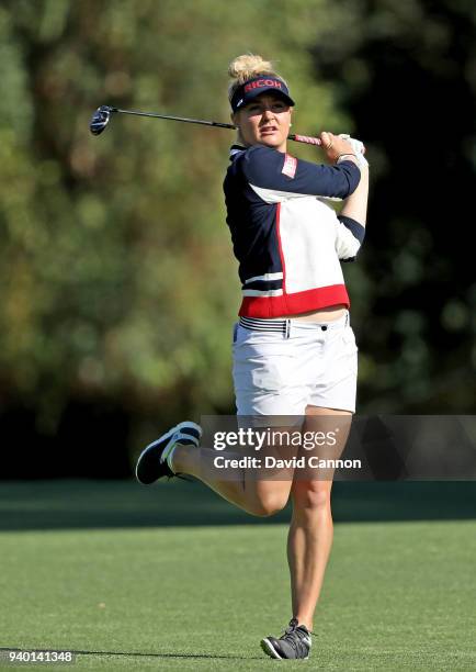 Charley Hull of England follows through on one leg after playing her second shot on the par 5, second hole during the second round of the 2018 ANA...