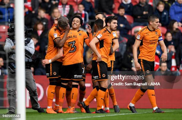 Helder Costa of Wolverhampton Wanderers celebrates after scoring a goal to make it 0-1 during the Sky Bet Championship match between Middlesbrough...