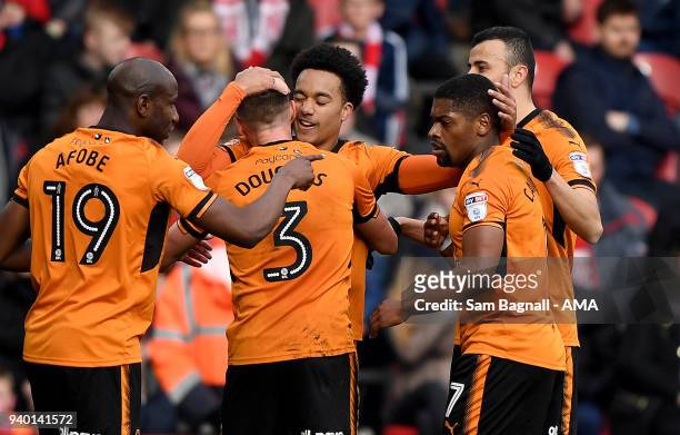 Helder Costa of Wolverhampton Wanderers celebrates after scoring a goal to make it 0-1 during the Sky Bet Championship match between Middlesbrough...