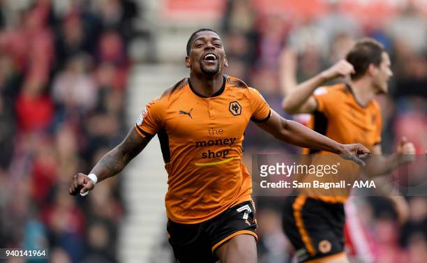 Ivan Cavaleiro of Wolverhampton Wanderers celebrates after scoring a goal to make it 0-2 during the Sky Bet Championship match between Middlesbrough...