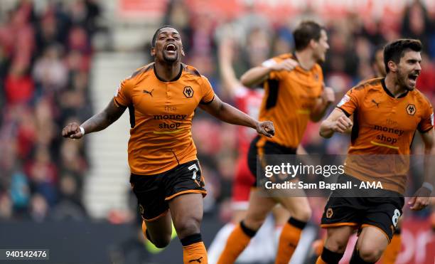 Ivan Cavaleiro of Wolverhampton Wanderers celebrates after scoring a goal to make it 0-2 during the Sky Bet Championship match between Middlesbrough...