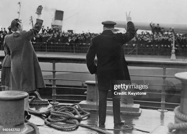 British Prime Minister Winston Churchill returns from Canada and the USA on the battlecruiser 'HMS Renown', September 1943. Next to him is his wife...
