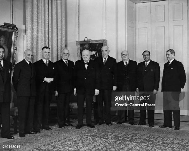 British Prime Minister Winston Churchill poses with the Commonwealth Prime Ministers, 2nd June 1953. From left to right, Dudley Senanayake ,...