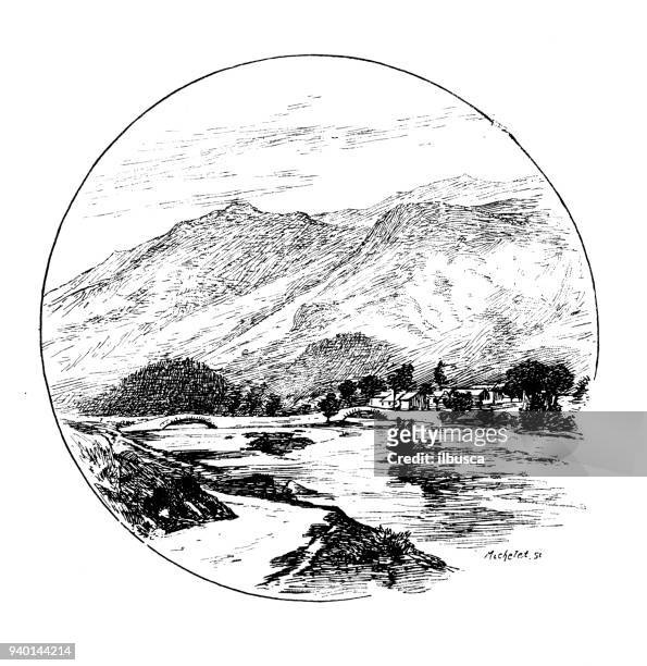 antique illustrations of england, scotland and ireland: borrowdale valley - ireland landscape stock illustrations