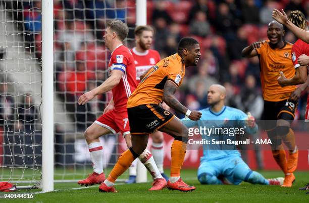 Ivan Cavaleiro of Wolverhampton Wanderers celebrates after scoring a goal to make it 0-2 during the Sky Bet Championship match between Middlesbrough...