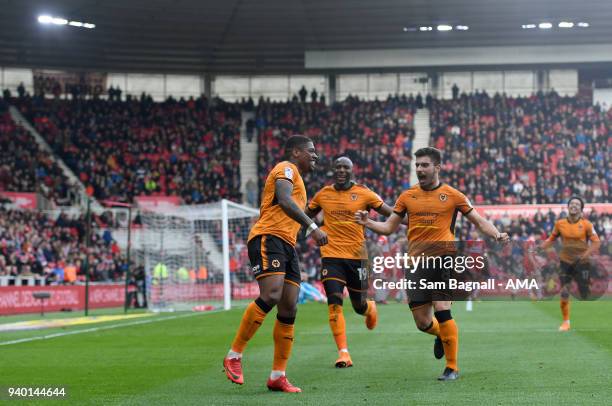 Ivan Cavaleiro of Wolverhampton Wanderers celebrates after scoring a goal to make it 0-2 during the Sky Bet Championship match between Middlesbrough...