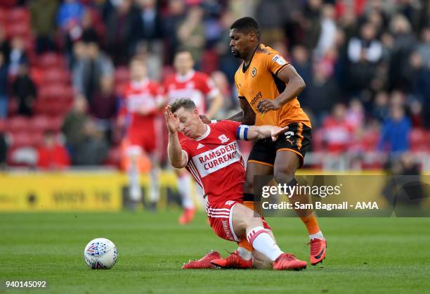 Grant Leadbitter of Middlesbrough and Ivan Cavaleiro of Wolverhampton Wanderers during the Sky Bet Championship match between Middlesbrough and...