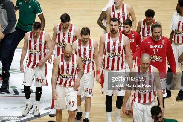 Olympiacos Piraeus team sad at the end of the 2017/2018 Turkish Airlines EuroLeague Regular Season Round 29 game between Unicaja Malaga and...