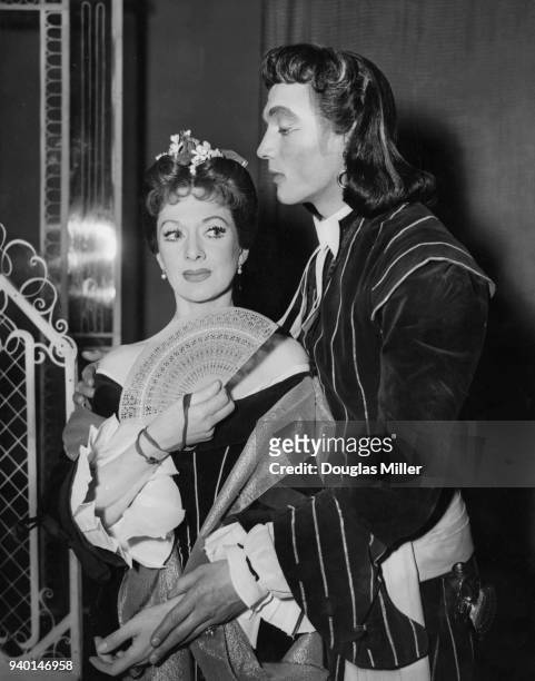 Actors Laurence Harvey as John Horner and Diana Churchill as Lady Fidget during rehearsals for the Restoration comedy 'The Country Wife' at the...