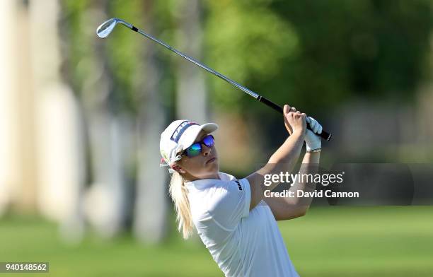 Jodi Ewart Shadoff of England plays her third shot on the par 5, 18th hole during the second round of the 2018 ANA Inspiration on the Dinah Shore...