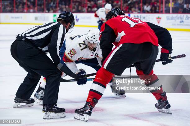 Florida Panthers Center Vincent Trocheck prepares for a face-off during third period National Hockey League action between the Florida Panthers and...