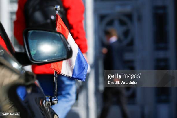 Flag on the car of Ambassador of the Netherlands is seen in front of Russian Foreign Ministry building in Moscow, Russia on March 30, 2018. The...