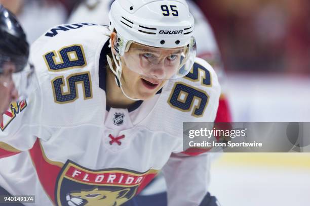 Florida Panthers Center Henrik Borgstrom prepares for a face-off during first period National Hockey League action between the Florida Panthers and...