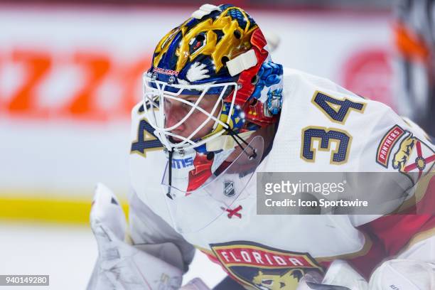 Florida Panthers Goalie James Reimer prepares for a face-off during second period National Hockey League action between the Florida Panthers and...