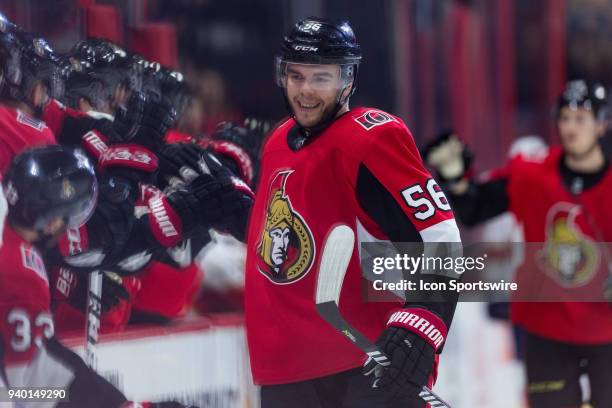 Ottawa Senators Left Wing Magnus Paajarvi skates by the bench to celebrate a goal during third period National Hockey League action between the...