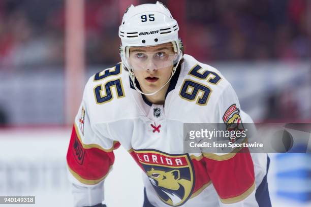 Florida Panthers Center Henrik Borgstrom prepares for a face-off during third period National Hockey League action between the Florida Panthers and...