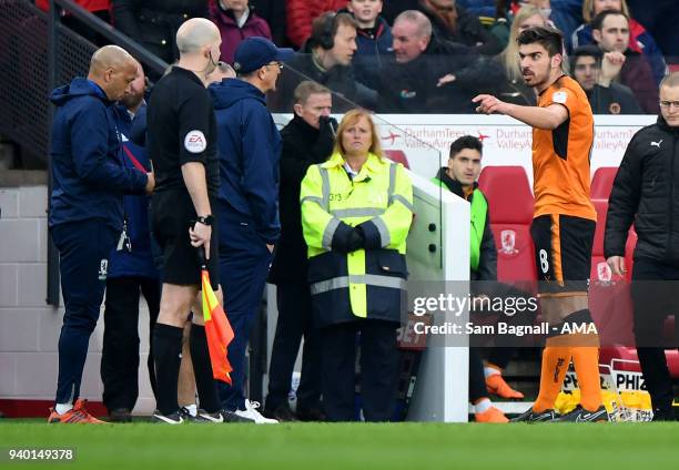 Ruben Neves of Wolverhampton Wanderers reacts after being sent off during the Sky Bet Championship match between Middlesbrough and Wolverhampton...