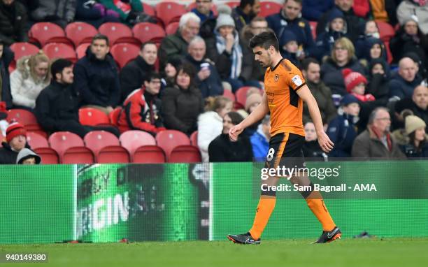 Ruben Neves of Wolverhampton Wanderers reacts after being sent off during the Sky Bet Championship match between Middlesbrough and Wolverhampton...