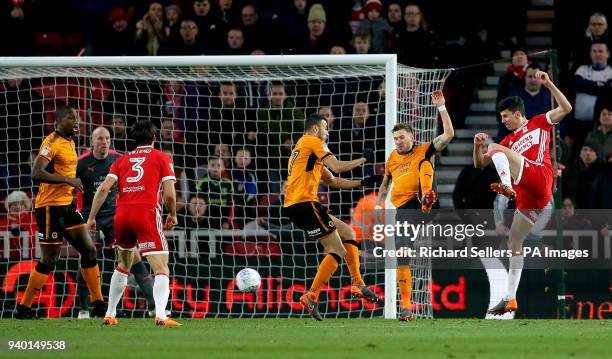 Middlesbrough's Daniel Ayala has shot go wide during the Sky Bet Championship match at Riverside Stadium, Middlesbrough.