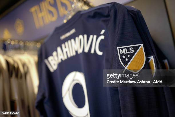 Galaxy shirt on sale in the stadium shop with Ibrahimovic and the number 9 as Los Angeles Galaxy Introduce Zlatan Ibrahimovic at StubHub Center on...