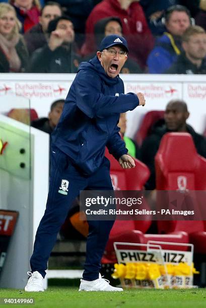 Middlesbrough manager Tony Pulis gestures on the touchline during the Sky Bet Championship match at Riverside Stadium, Middlesbrough.