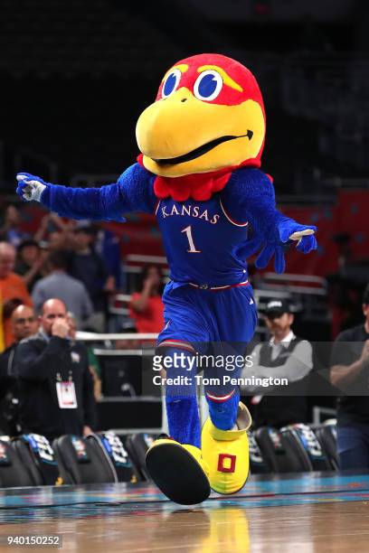 The Kansas Jayhawks mascot runs on the court during practice before the 2018 Men's NCAA Final Four at the Alamodome on March 30, 2018 in San Antonio,...