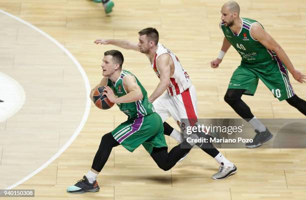 Nemanja Nedovic, #16 of Unicaja Malaga in action during the 2017/2018 Turkish Airlines EuroLeague Regular Season Round 29 game between Unicaja Malaga...