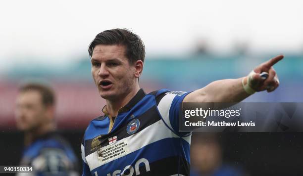 Freddie Burns of Bath looks on during the Anglo-Welsh Cup Final match between Bath Rugby and Exeter Chiefs at Kingsholm Stadium on March 30, 2018 in...