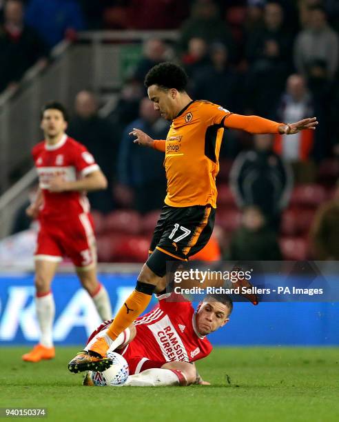 Wolverhampton Wanderers' Helder Costa and Middlesbrough's Mohamed Besic battle for the ball during the Sky Bet Championship match at Riverside...