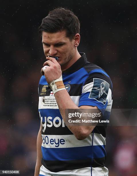 Freddie Burns of Bath looks on during the Anglo-Welsh Cup Final match between Bath Rugby and Exeter Chiefs at Kingsholm Stadium on March 30, 2018 in...