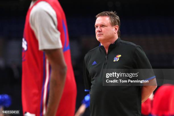 Head coach Bill Self of the Kansas Jayhawks looks on during practice before the 2018 Men's NCAA Final Four at the Alamodome on March 30, 2018 in San...