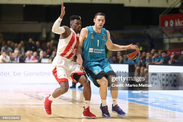 Fabien Causeur, #1 of Real Madrid competes with Dylan Ennis, #31 of Crvena Zvezda mts Belgrade during the 2017/2018 Turkish Airlines EuroLeague...