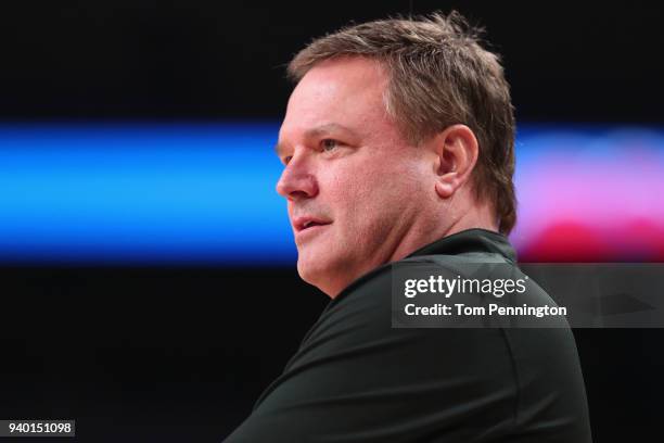 Head coach Bill Self of the Kansas Jayhawks looks on during practice before the 2018 Men's NCAA Final Four at the Alamodome on March 30, 2018 in San...