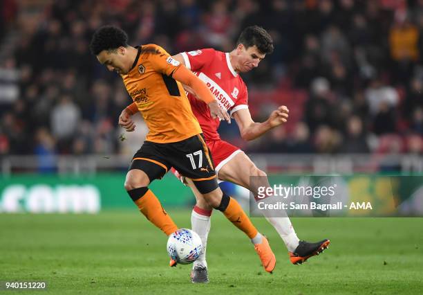 Helder Costa of Wolverhampton Wanderers and Daniel Ayala of Middlesbrough during the Sky Bet Championship match between Middlesbrough and...