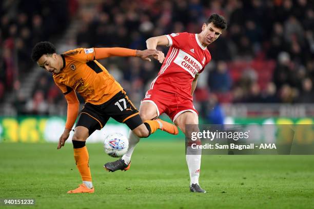 Helder Costa of Wolverhampton Wanderers and Daniel Ayala of Middlesbrough during the Sky Bet Championship match between Middlesbrough and...