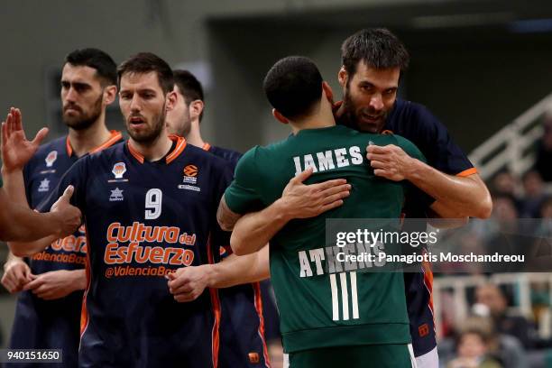 Fernando San Emeterio, #19 of Valencia Basket greets Mike James, #5 of Panathinaikos Superfoods Athens before the 2017/2018 Turkish Airlines...