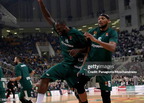 Marcus Denmon, #12 and James Gist, #14 of Panathinaikos Superfoods Athens react during the 2017/2018 Turkish Airlines EuroLeague Regular Season Round...