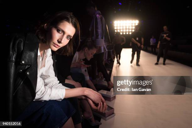 Model backstage ahead of the Nihan Peker show during Mercedes Benz Fashion Week Istanbul at Zorlu Performance Hall on March 30, 2018 in Istanbul,...