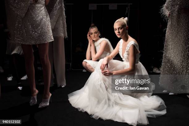 Models backstage ahead of the Nihan Peker show during Mercedes Benz Fashion Week Istanbul at Zorlu Performance Hall on March 30, 2018 in Istanbul,...