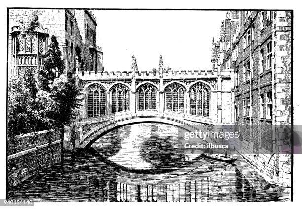 antique illustrations of england, scotland and ireland: bridge of sighs, cambridge - cambridge bridge stock illustrations