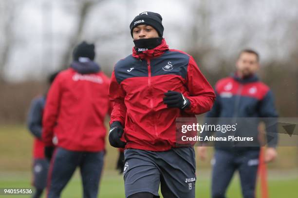 Andre Ayew in action during the Swansea City Training Session and Press Conference at The Fairwood Training Ground on March 29, 2018 in Swansea,...