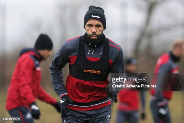 Kyle Bartley in action during the Swansea City Training Session and Press Conference at The Fairwood Training Ground on March 29, 2018 in Swansea,...
