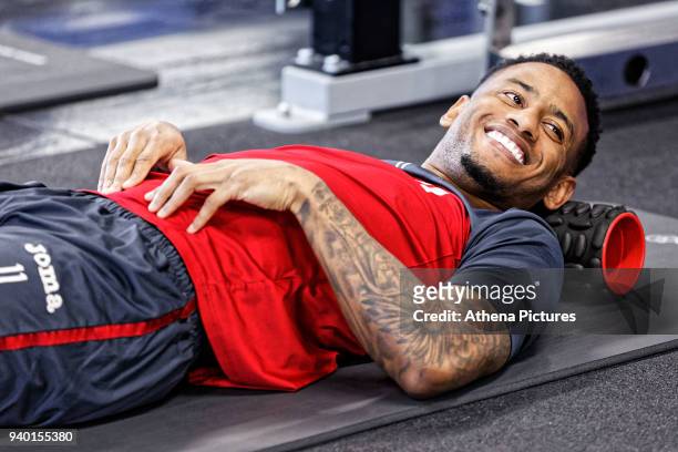 Luciano Narsingh exercises in the gym during the Swansea City Training Session and Press Conference at The Fairwood Training Ground on March 29, 2018...