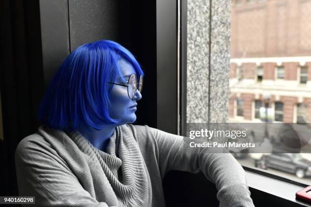 Cosplayer Brittany portrays the character Sadness at the Anime Boston 2018 Convention at Hynes Convention Center on March 30, 2018 in Boston,...