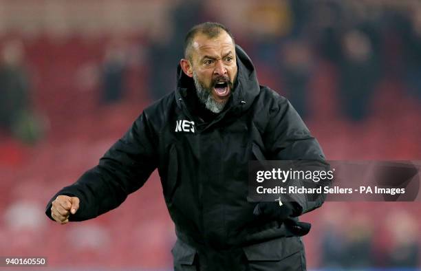 Wolverhampton Wanderers manager Nuno Espirito Santo celebrates after the final whistle during the Sky Bet Championship match at Riverside Stadium,...