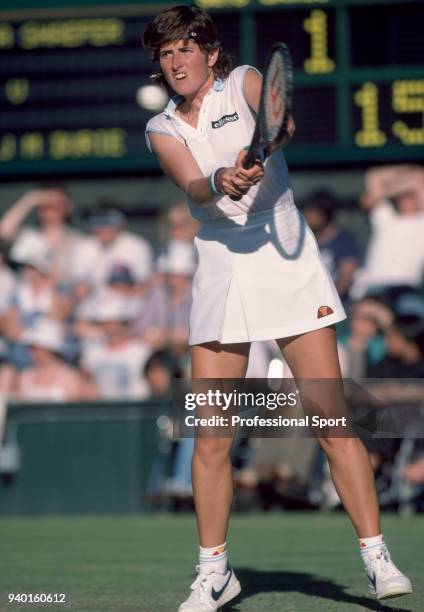Kim Shaefer of the USA in action against Jo Durie of Great Britain in their Women's Singles First Round match during the Wimbledon Lawn Tennis...
