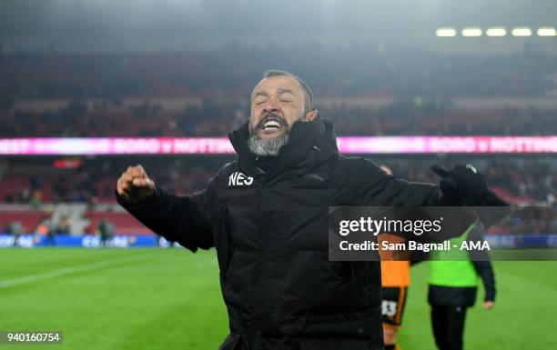 Nuno Espirito Santo manager / head coach of Wolverhampton Wanderers celebrates at full time during the Sky Bet Championship match between...