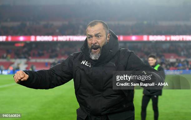 Nuno Espirito Santo manager / head coach of Wolverhampton Wanderers celebrates at full time during the Sky Bet Championship match between...