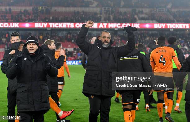 Nuno Espirito Santo manager / head coach of Wolverhampton Wanderers celebrates at full time during the Sky Bet Championship match between...